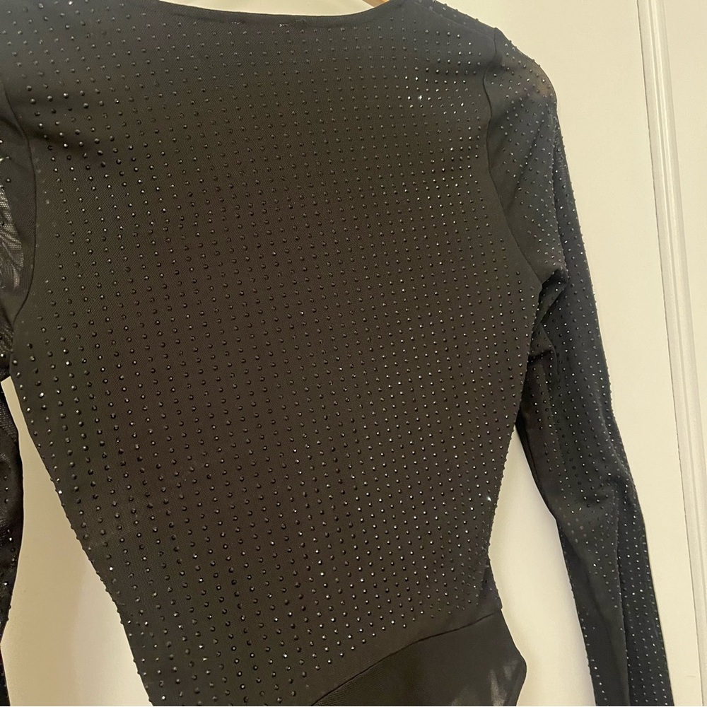 OW Collection Black Sparkly Rhinestone Studded Mesh Cutout Bodysuit - Picture 7 of 9